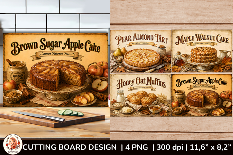 Vintage autumn cutting board design with cozy fall bakery