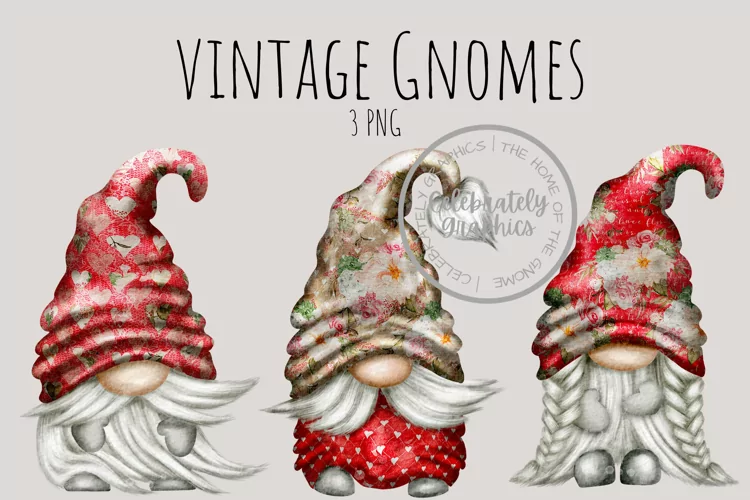 Red Vintage Gnomes | Watercolor Clipart Png