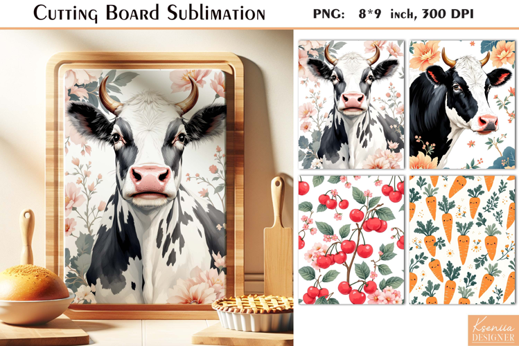 Flower Cow|Cherry|Carrot|Watercolor Vintage Cutting Board