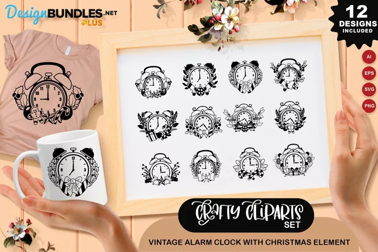 Vintage Alarm Clock With Christmas Element Clipart Set