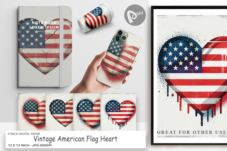 Digital Paper Vintage American Flag Heart