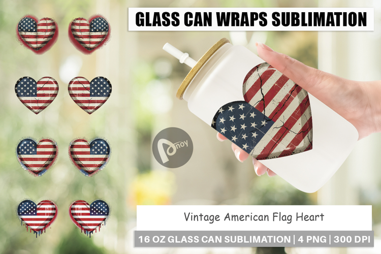 Glass Can Vintage American Flag Heart
