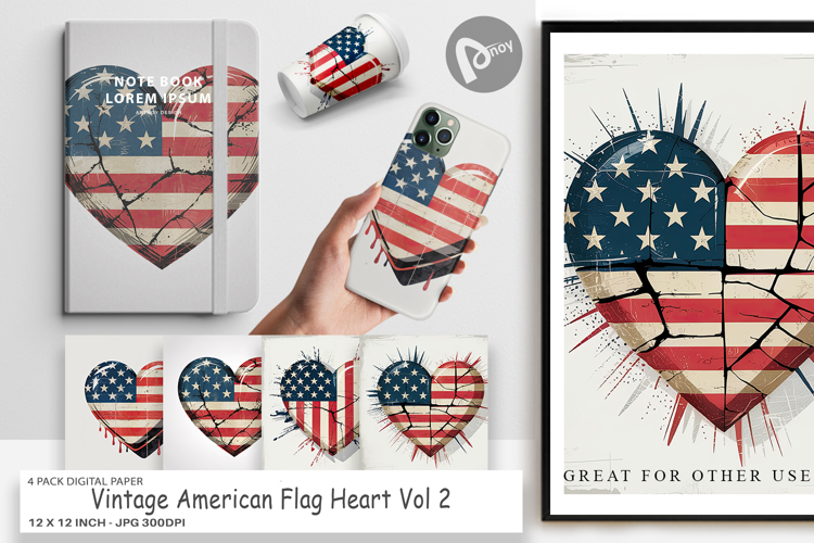 Digital Paper Vintage American Flag Heart