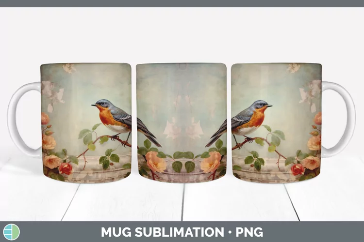 Vintage American Robin Birds Mug Wrap | Sublimation Coffee C