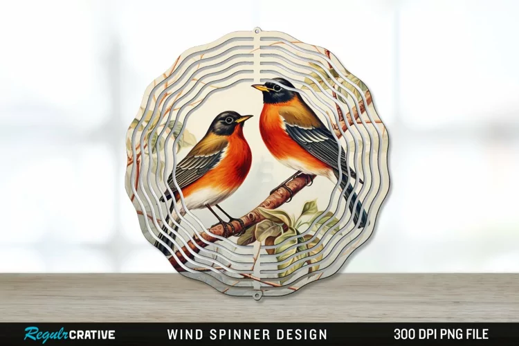Vintage American Robin Birds Wind Spinner Sublimation PNG