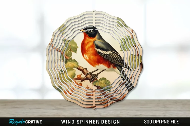 Vintage American Robin Birds Wind Spinner Sublimation PNG