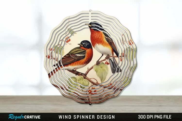 Vintage American Robin Birds Wind Spinner Sublimation PNG