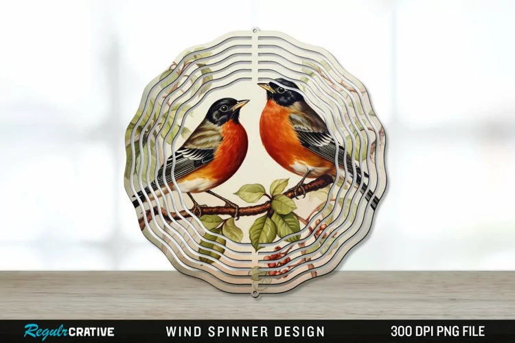 Vintage American Robin Birds Wind Spinner Sublimation PNG