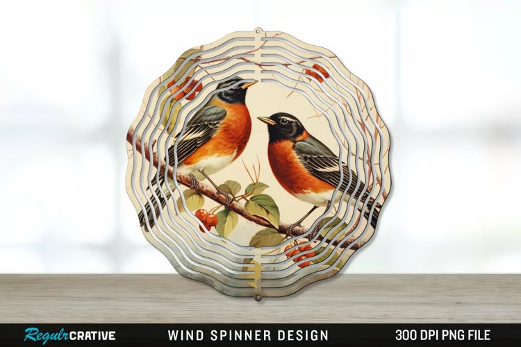 Vintage American Robin Birds Wind Spinner Sublimation PNG