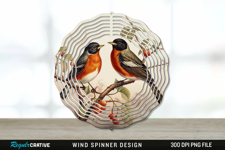 Vintage American Robin Birds Wind Spinner Sublimation PNG
