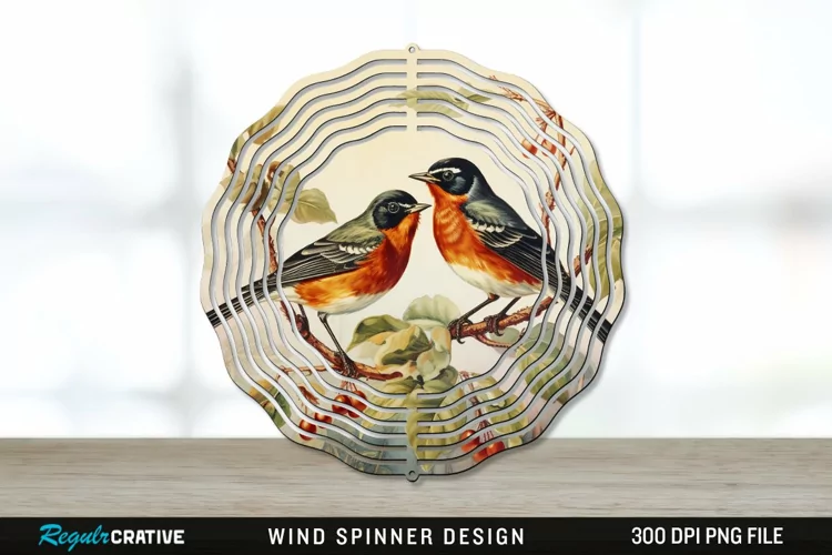 Vintage American Robin Birds Wind Spinner Sublimation PNG