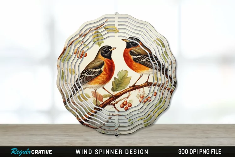 Vintage American Robin Birds Wind Spinner Sublimation PNG