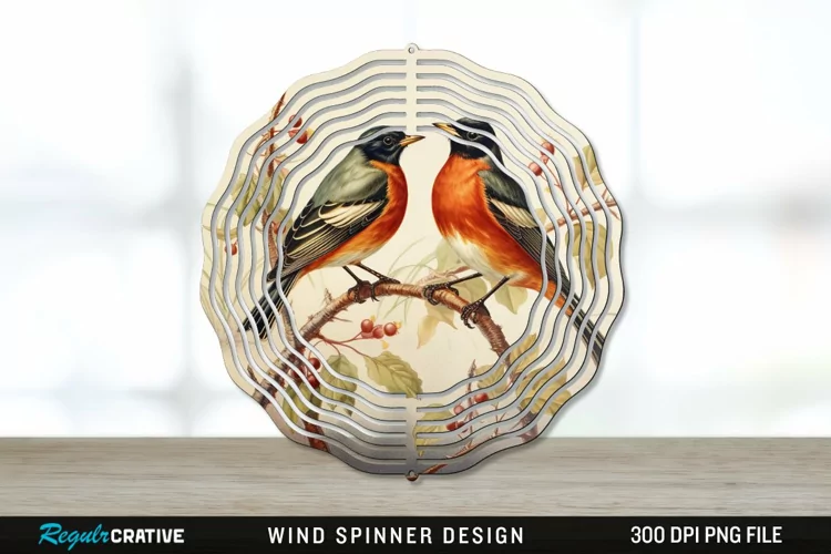 Vintage American Robin Birds Wind Spinner Sublimation PNG