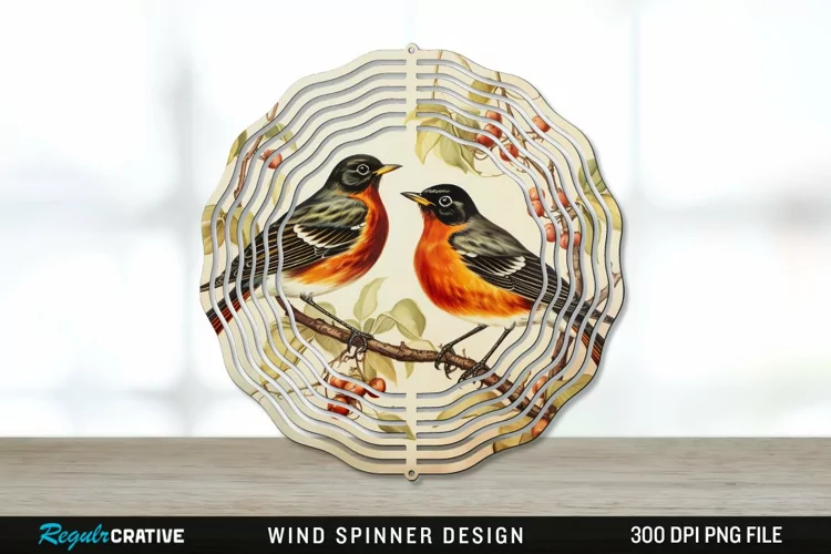 Vintage American Robin Birds Wind Spinner Sublimation PNG