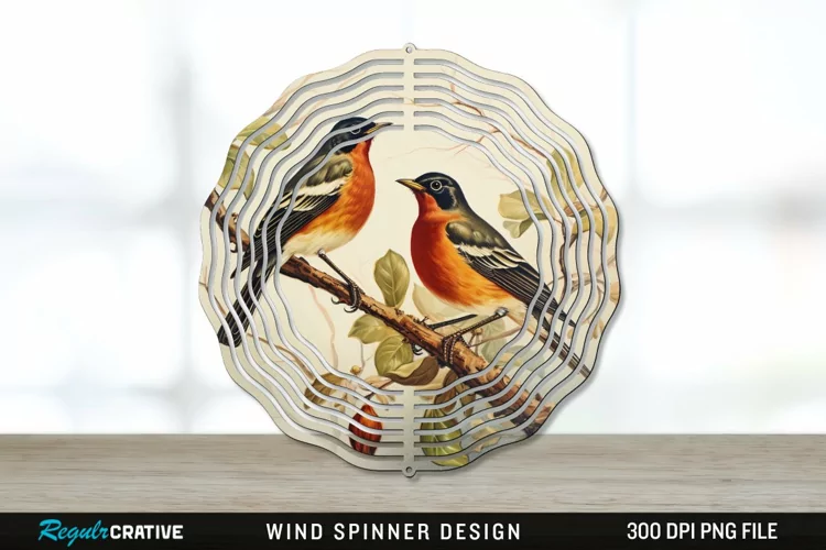 Vintage American Robin Birds Wind Spinner Sublimation PNG