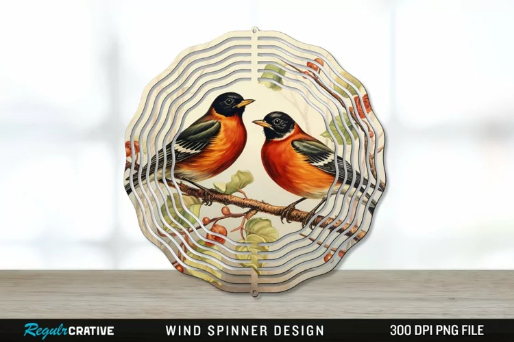 Vintage American Robin Birds Wind Spinner Sublimation PNG