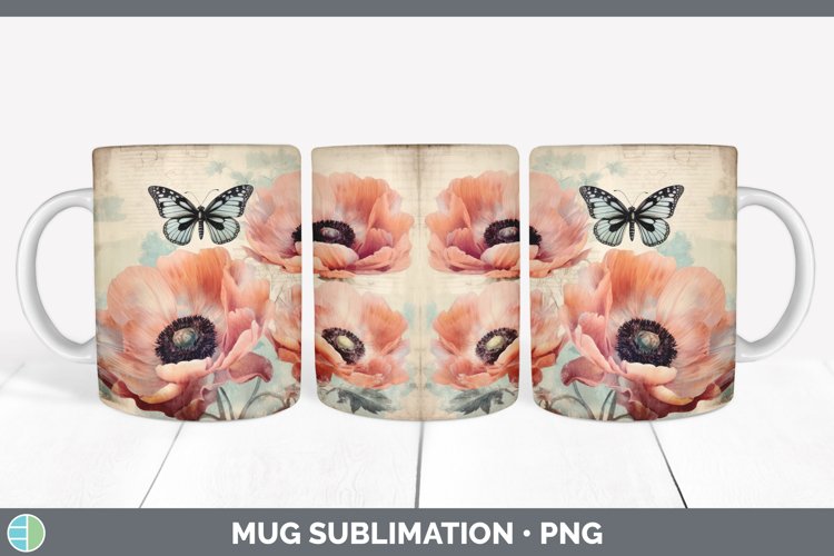 Vintage Anemone Flowers Mug Wrap | Sublimation Coffee Cup De
