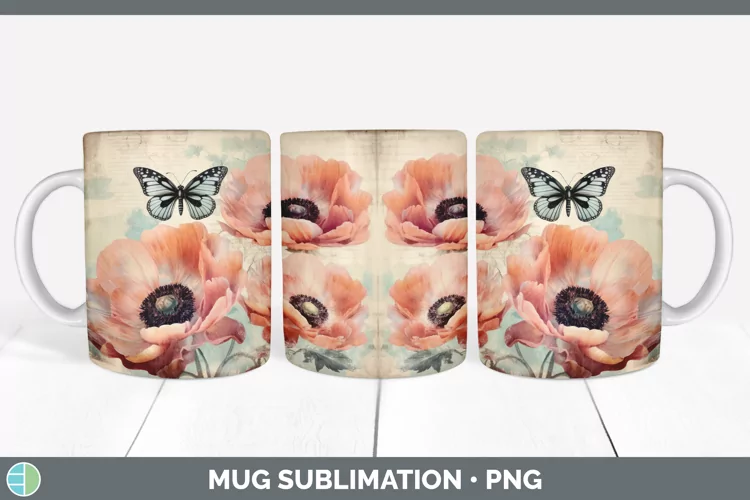 Vintage Anemone Flowers Mug Wrap | Sublimation Coffee Cup De