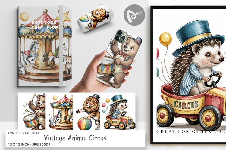 Digital Paper Vintage Animal Circus