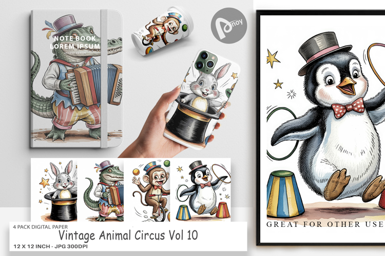 Digital Paper Vintage Animal Circus