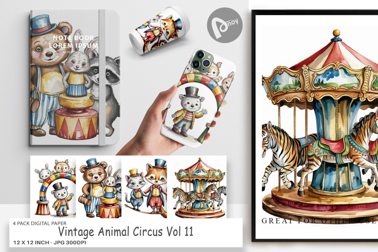 Digital Paper Vintage Animal Circus