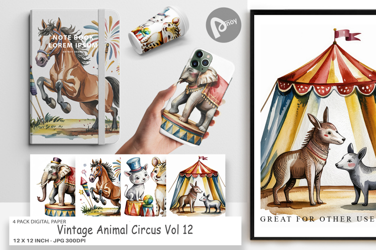 Digital Paper Vintage Animal Circus