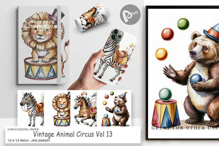 Digital Paper Vintage Animal Circus