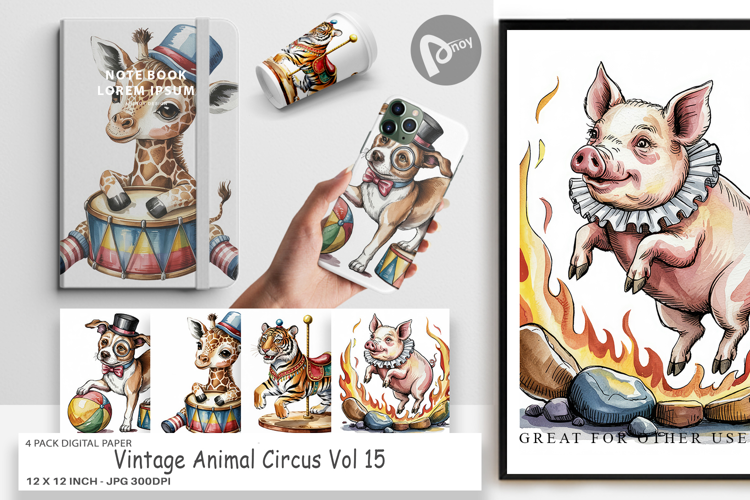 Digital Paper Vintage Animal Circus