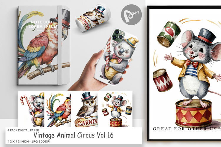Digital Paper Vintage Animal Circus