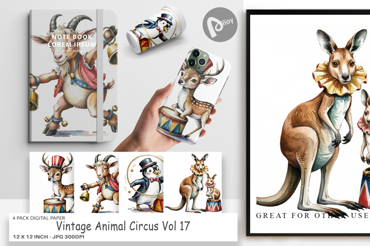 Digital Paper Vintage Animal Circus