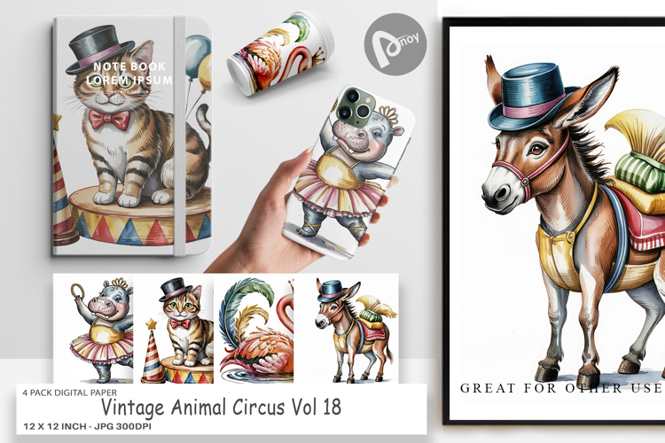 Digital Paper Vintage Animal Circus