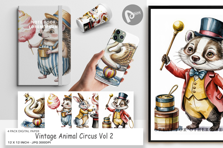 Digital Paper Vintage Animal Circus