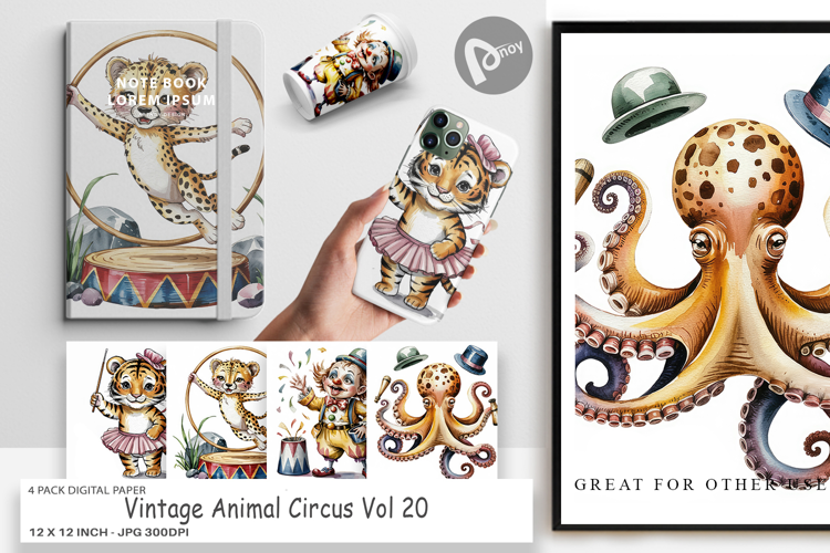 Digital Paper Vintage Animal Circus