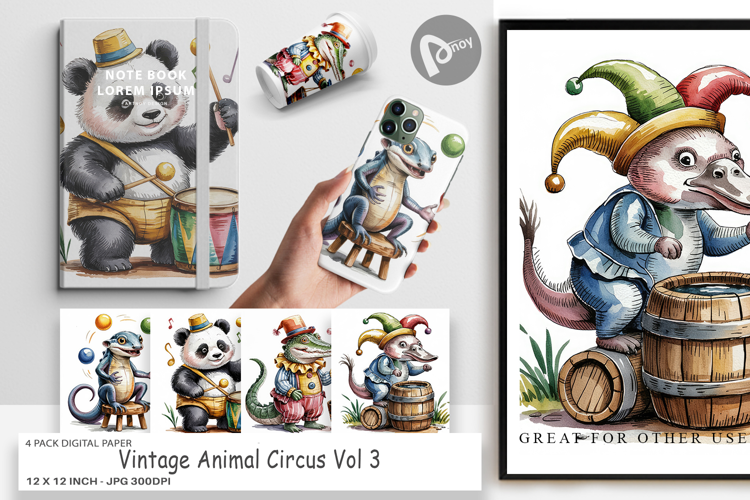 Digital Paper Vintage Animal Circus
