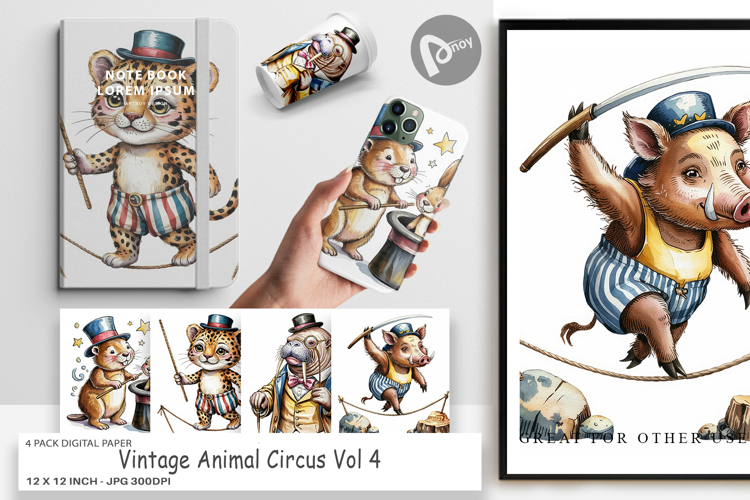 Digital Paper Vintage Animal Circus