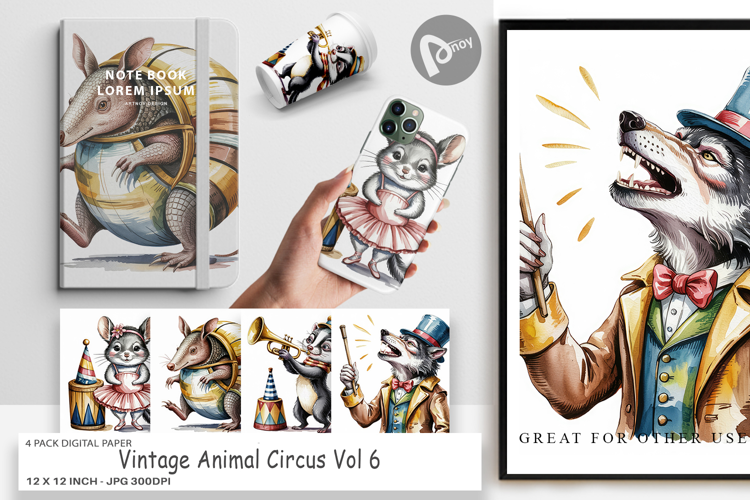 Digital Paper Vintage Animal Circus