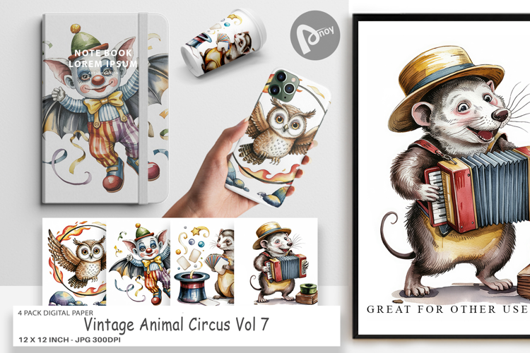 Digital Paper Vintage Animal Circus