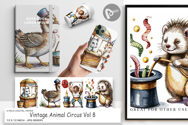 Digital Paper Vintage Animal Circus