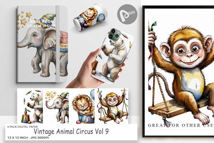 Digital Paper Vintage Animal Circus