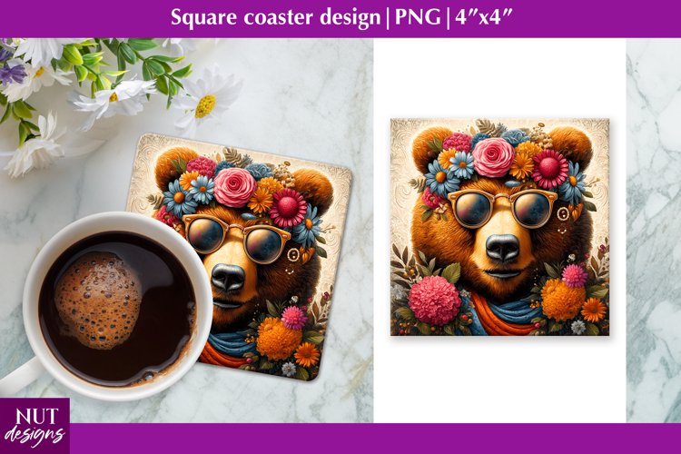 Square coaster bundle Vintage Floral Bear coaster design example image 1