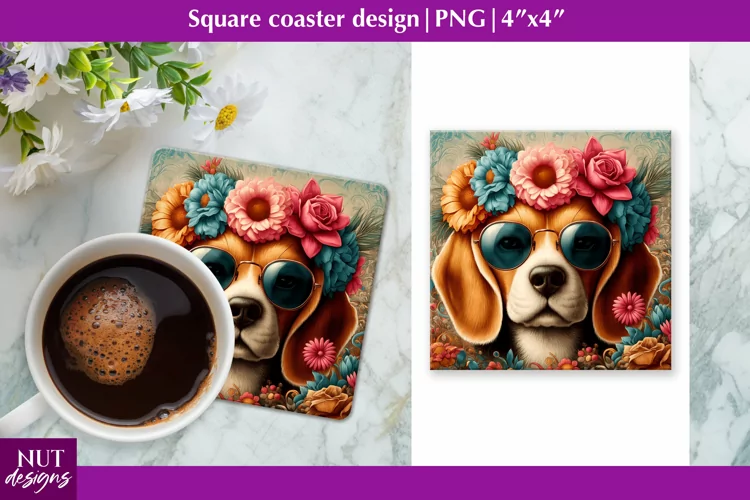 Dog in glasses Square coaster Floral Beagle coaster design