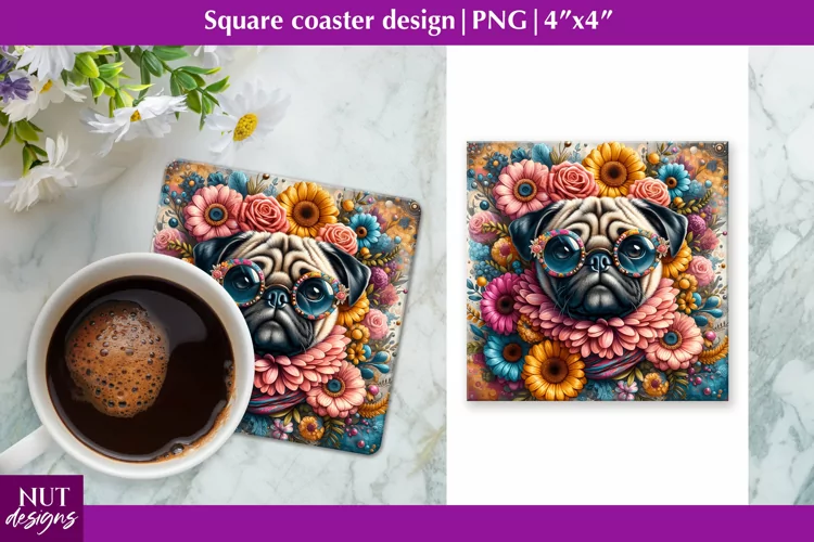 Dog in glasses Square coaster Floral dog Pug coaster design