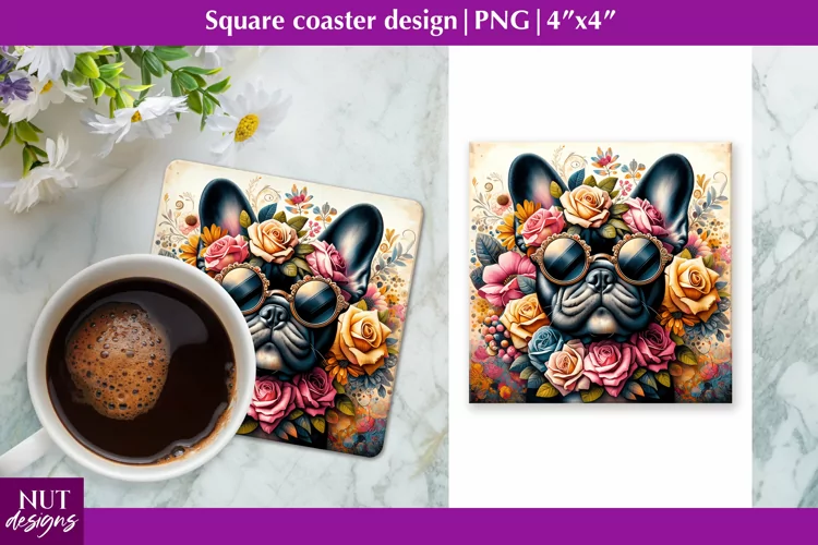 Dog in glasses Square coaster Floral French Bulldog coaster