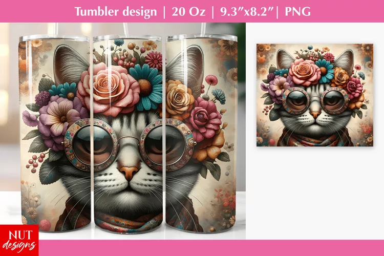 Old Fashion Floral Cat in sunglasses Cat tumbler sublimation