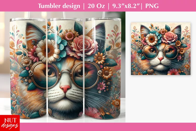 Old Fashion Floral Cat in sunglasses Cat tumbler sublimation