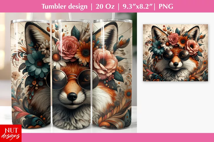 Old Fashion Floral Fox in sunglasses Fox tumbler sublimation