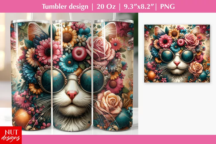 Old Fashion Floral Cat in sunglasses Cat tumbler sublimation