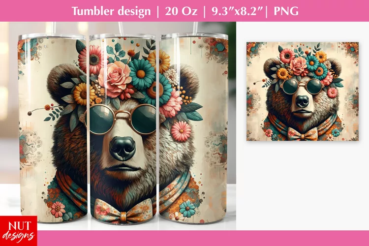 Old Fashion Floral Bear in sunglasses Bear tumbler wrap