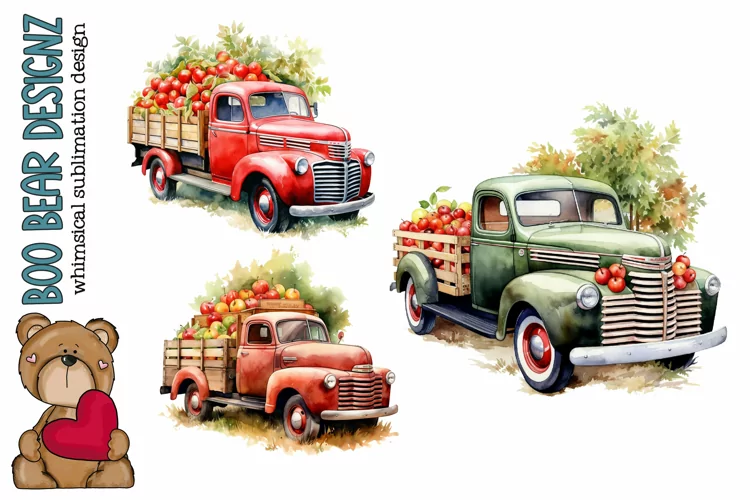 Watercolor Vintage Apple Truck Clipart