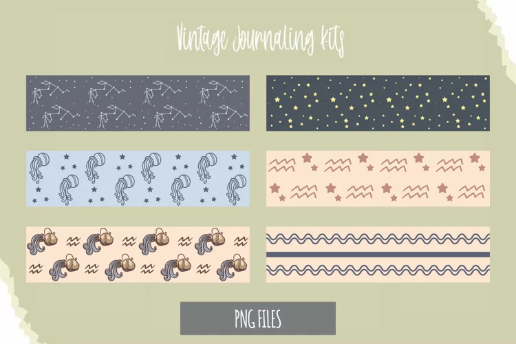 Vintage Aquarius Sign Seamless Pattern Strips